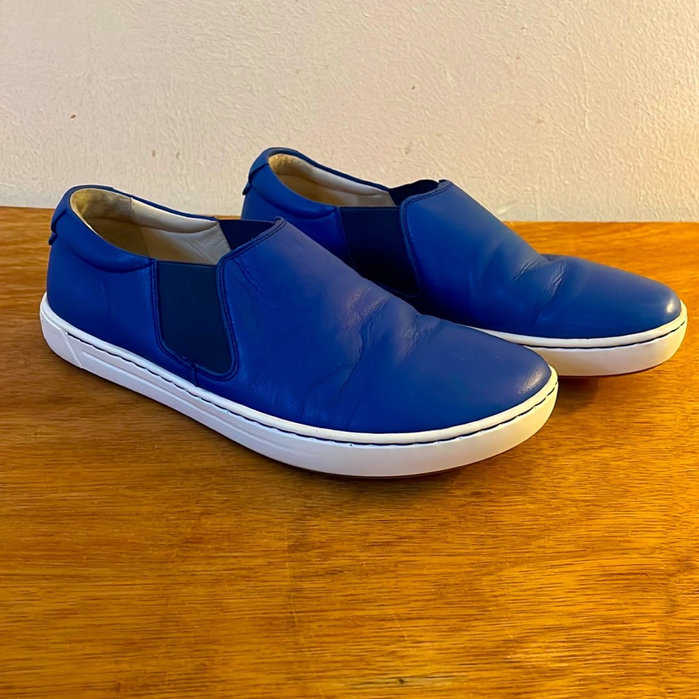 Birkenstock navy baby blue leather slip on loafers white sole 38/245 US W7